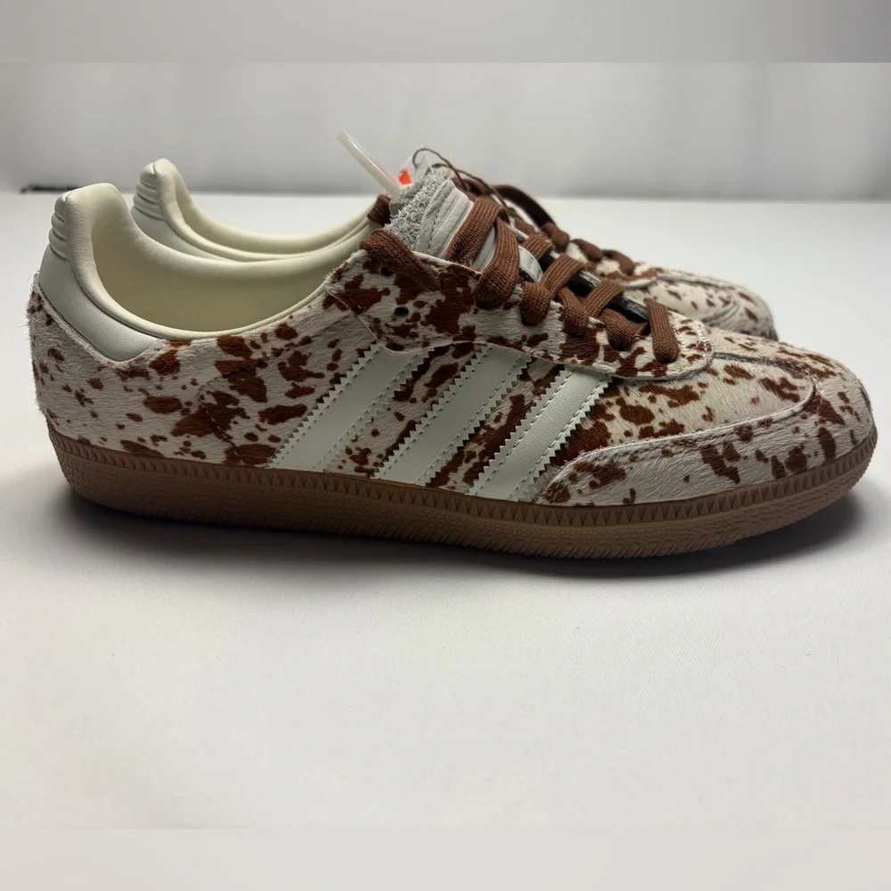 adidas Women's White and Brown Cow Print Samba Sneakers - Picture 1 of 13